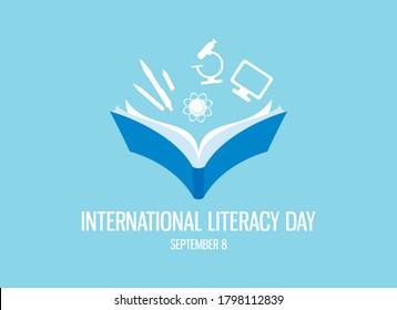 Vektor des Internationalen Alphabetisierungstages. Offenes Buch mit Wissenssymbolen, Vektorgrafik. Study Icons Set. Vektor der menschlichen Fähigkeiten. Bildungs-Symbol, Vektorgrafik. Literacy Day Poster, 8. September. Wichtiger Tag