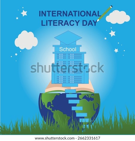 International literacy day vertical three dimensional banner poster flyer design. Artwork vector design with school building, opened book, pencil and eco earth world on blue color backgrounds.