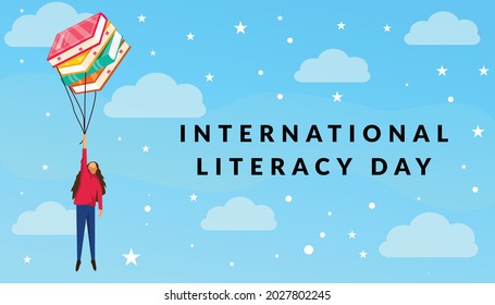 International literacy day. woman flying with books. illustration vector design