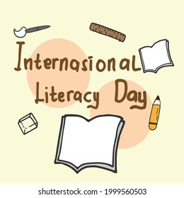 international literacy day-hand drawn lettering. international world event. knowledge and education. hand drawn vector. brown color background. doodle art poster, banner, badge, cover, postcard. 