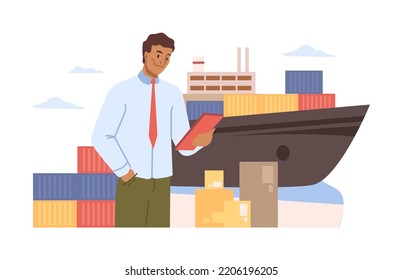 International And Local Shipping Of Freight And Delivery Of Goods By Sea Or Ocean. Manager Controlling Logistics Process. Vector In Flat Cartoon Style