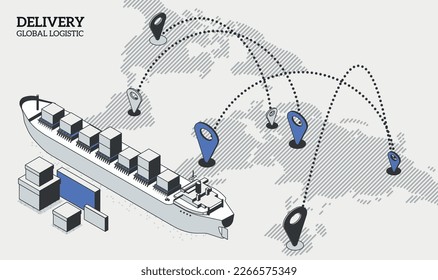 International logistic company worldwide operations with cargo distribution shipment and transportations. Isometric projection with a cargo ship, parcels, and a map with locations
