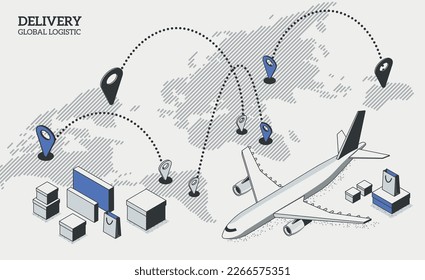 Internationales Logistikunternehmen weltweit mit Ladungsversand und Transport. Isometrische Projektion mit einer Ebene, Parzellen und einer Karte mit Orten