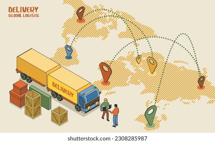 Internationales Logistikunternehmen weltweit mit Ladungsversand und Transport. Isometrische Projektion mit Lieferwagen, Paketen und einer Karte mit Orten