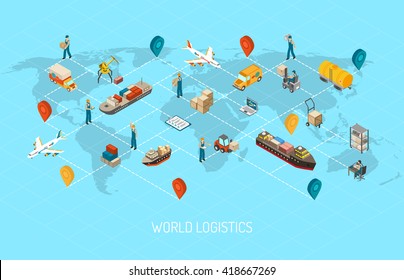 International logistic company worldwide operations with cargo distribution shipment and transportations map isometric poster abstract vector illustration