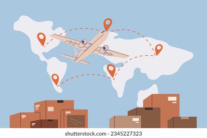 Logística internacional. Exportación global de entregas aéreas. Vector. Las rutas de entrega de carga son un factor clave en los procedimientos de exportación e importación de buques Con el aumento del comercio electrónico, la importancia de la logística mundial en el suministro