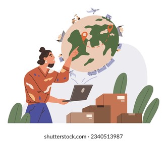 International logistic. Global delivery export. Vector. High-level supply delivery chain management enables smoother worldwide shipping A well-organized inventory delivery system is crucial in all