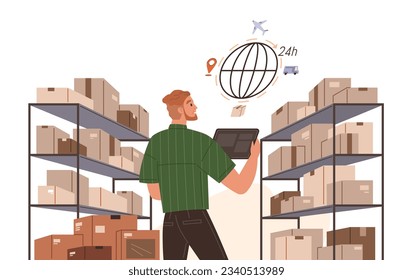 International logistic. Global delivery export. Vector. Supply delivery chain management optimizes flow products from manufacturers to retailers Worldwide shipping allows businesses to reach