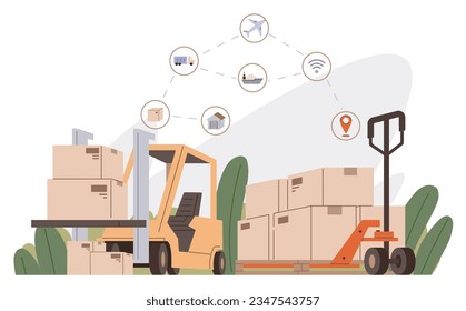 International logistic. Global delivery export. Vector. Modern international logistics employ advanced tracking systems for cargo delivery Export and import shipping duties significantly affect global