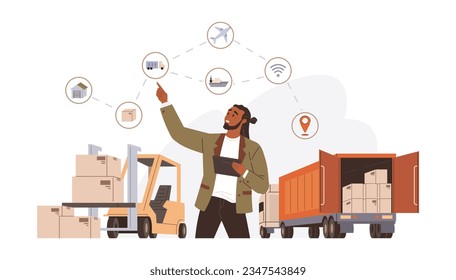 International logistic. Global delivery export. Vector. Advancements in international logistics improve cargo delivery times Innovative global logistic solutions are transforming efficiency export