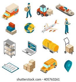 International logistic service symbols isometric icons set with world globe transport and delivery man abstract isolated vector illustration