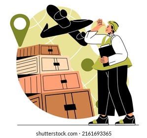 International logistics concept. Delivery of cargo and containers by plane. Male courier receives goods in boxes. Global shipping or export and import. Cartoon flat vector illustration in doodle style