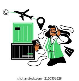 International logistics concept. Girl in headphones with smartphone planning methods for transporting goods on airplane. Home delivery, orders in online store. Cartoon flat vector illustration