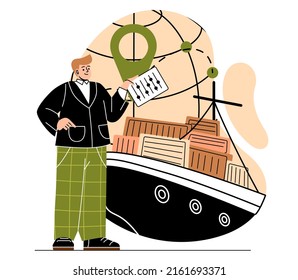 Concepto logístico internacional. El gerente masculino revisa la carga y la carga en el barco. Entrega global de contenedores con buenas intenciones. Exportar e importar envío. Dibujo vectorial plano de caricatura en estilo doodle