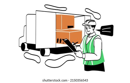 International logistics concept. Man in helmet in warehouse fills truck with goods, cargo transportation and logistics. Sorting, modern service and home delivery. Cartoon flat vector illustration