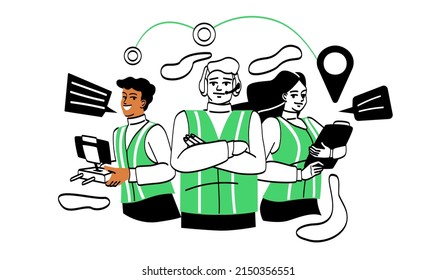 International logistics concept. Team of couriers with boxes and notepads. Teamwork and home delivery. Modern and comfortable service, transportation and trade. Cartoon flat vector illustration