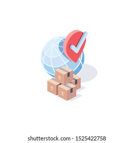 International logistics delivery label globe. Vector 3d isometric, color web icon, new flat style. Creative illustration design, idea for infographics.