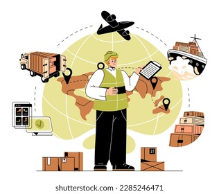 International logistics management. Man with document stands next to globe. Import and export, globalization and trade. Transportation of goods, online shopping. Cartoon flat vector illustration