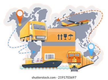 International Logistics. Online Delivery Service. Truck, Cargo Plane, Cargo Ship, Train. Global Shipment. Freight, Goods Delivery. Banner, Ad, Landing Page. Vector Illustration.