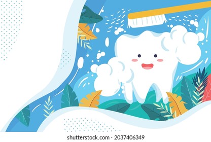 International Love Tooth Day Brushing Illustration Dental Health Oral Cleaning Poster Chinese translation: International Love Tooth Day