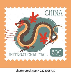 International mail in China, fantasy dragon and yens, postmark with price. Chinese culture and creatures. Postal mark or cart, stamp for letter communication and correspondence. Vector in flat style