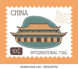 Internationale Post, Porzellanpost oder Postkarte mit typisch orientalischer Architektur und Preis. Briefverkehr und Postdienste. Poststempel oder Postkarte, Briefmarke, Vektor in Flachform