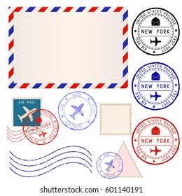 International mail envelope with collection of post stamps marked NEW YORK. Vector illustration isolated on white background