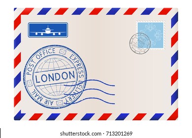 International Mail Envelope With LONDON Stamp. Blue Postmark And Stamps. Vector Illustration