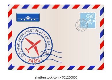 International mail envelope with PARIS stamps. Vector 3d illustration isolated on white background