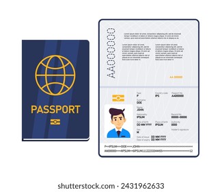 Pasaporte biométrico masculino internacional. Pasaporte abierto y cerrado. Ilustración de vector