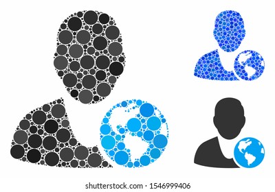 International manager mosaic of filled circles in variable sizes and color tinges, based on international manager icon. Vector random circles are grouped into blue mosaic.