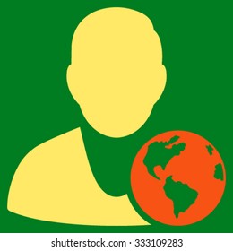 International Manager vector icon. Style is bicolor flat symbol, orange and yellow colors, rounded angles, green background.
