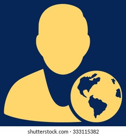 International Manager vector icon. Style is flat symbol, yellow color, rounded angles, blue background.