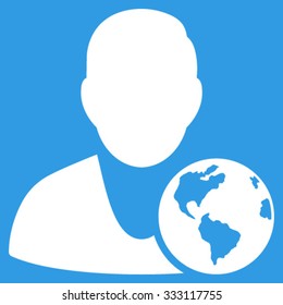 International Manager vector icon. Style is flat symbol, white color, rounded angles, blue background.