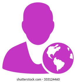 International Manager vector icon. Style is flat symbol, violet color, rounded angles, white background.