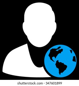 International Manager vector icon. Style is bicolor flat symbol, blue and white colors, rounded angles, black background.