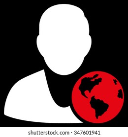 International Manager vector icon. Style is bicolor flat symbol, red and white colors, rounded angles, black background.