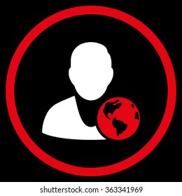 International Manager vector icon. Style is bicolor flat circled symbol, red and white colors, rounded angles, black background.