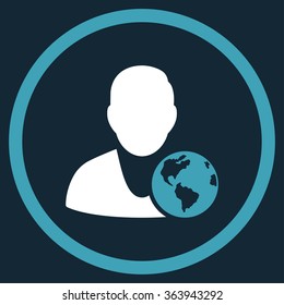 International Manager vector icon. Style is bicolor flat circled symbol, blue and white colors, rounded angles, dark blue background.