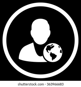 International Manager vector icon. Style is flat circled symbol, white color, rounded angles, black background.