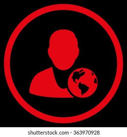 International Manager vector icon. Style is flat circled symbol, red color, rounded angles, black background.