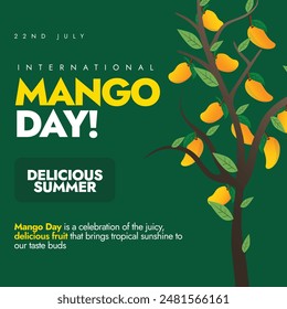 Día Internacional del Mango. 22 de julio Anuncio internacional de celebración del día del mango con un árbol de mango con muchos mangos en él. El día es para honrar a uno de los más queridos y rey de las frutas del mundo.