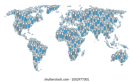 International map collage created of test tube pictograms. Vector test tube elements are composed into geometric global world collage.