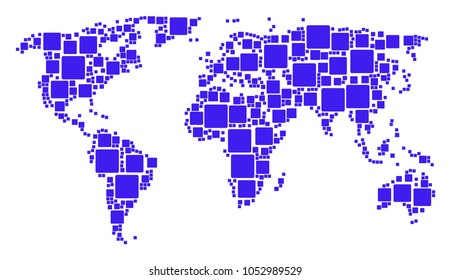 International map concept created of filled square icons. Vector filled square pictograms are organized into geometric global geography map.