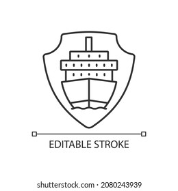 International marine shipping vessel protection linear icon. Safe delivery goods by sea. Thin line customizable illustration. Contour symbol. Vector isolated outline drawing. Editable stroke