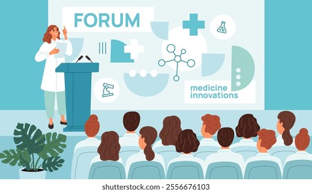 International medical forum. Doctor at tribune. Medicine innovation presentation. Scientist character. Performance from stage. Conference audience. Public speaker. Garish