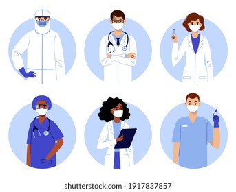 International medics team in protective face masks. Covid-19.
Set of young doctors, nurses and medical staff in fighting coronavirus. Vaccination and pandemic prevention.