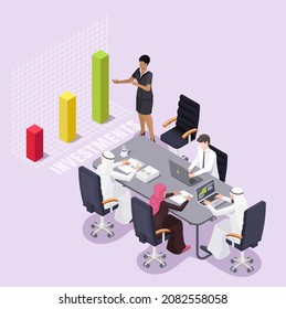 International meeting with arab business people, investors in board room, flat vector isometric illustration. Arab investments concept.