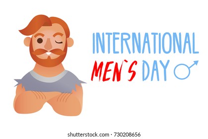 International men s day.Cartoon vector illustration with brutal redhaired man isolated on the white background