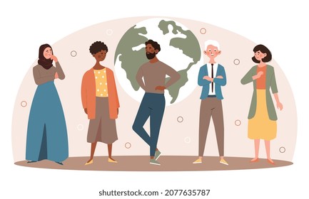 International men and women are standing with globe behind. Concept of diverse community with various different society groups. All population solidarity and unity. Flat cartoon vector illustration